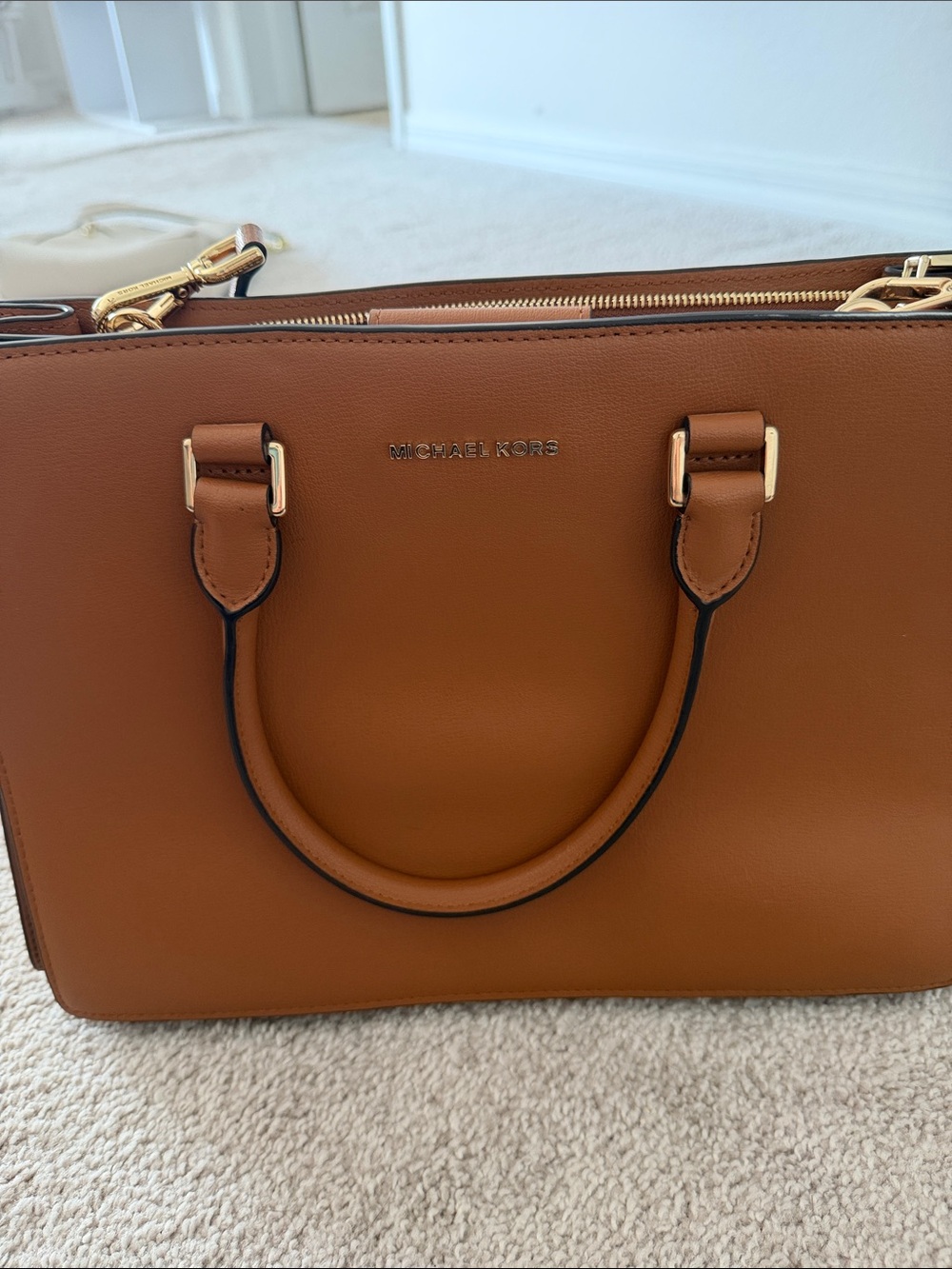 Michael Kors Cognac Leather Satchel with Gold-Tone Hardware